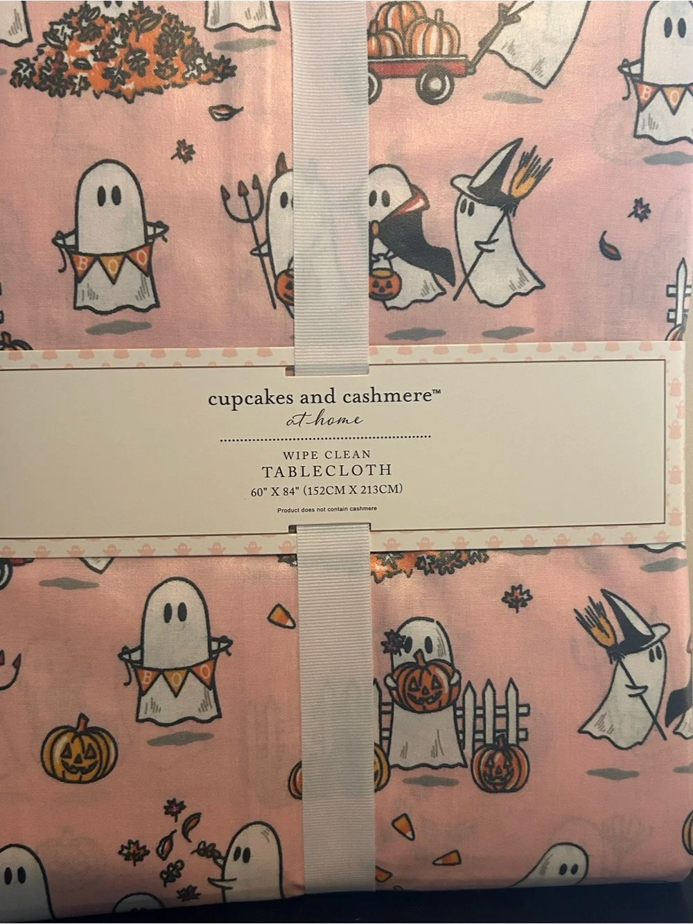 CUPCAKES AND CASHMERE Halloween Pink Ghost Pals Wipe Clean Tablecloth NWTS